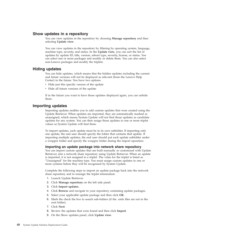 Show updates in a repository, Hiding updates, Importing updates | Lenovo System Update Solution (Deployment Guide) User Manual | Page 54 / 92