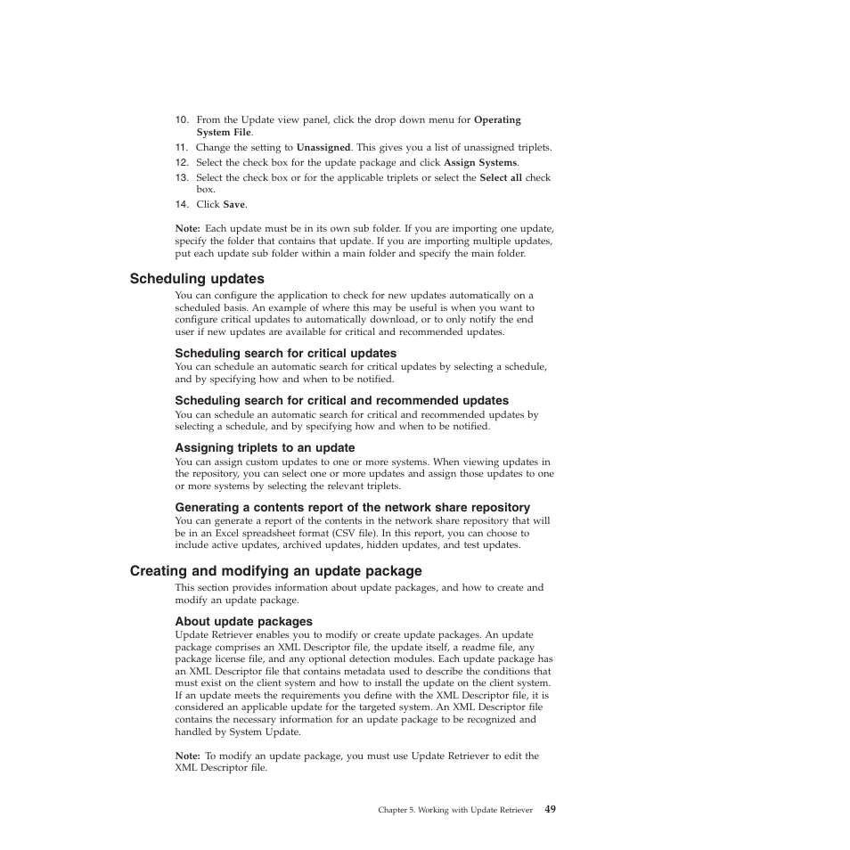 Scheduling updates, Scheduling search for critical updates, Assigning triplets to an update | Creating and modifying an update package, About update packages | Lenovo System Update Solution (Deployment Guide) User Manual | Page 55 / 92