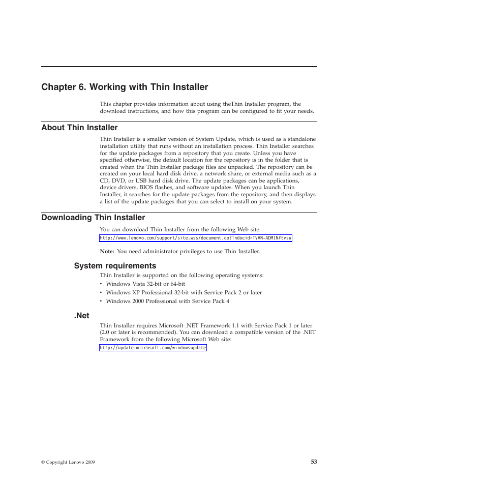 Chapter 6. working with thin installer, About thin installer, Downloading thin installer | System requirements | Lenovo System Update Solution (Deployment Guide) User Manual | Page 59 / 92