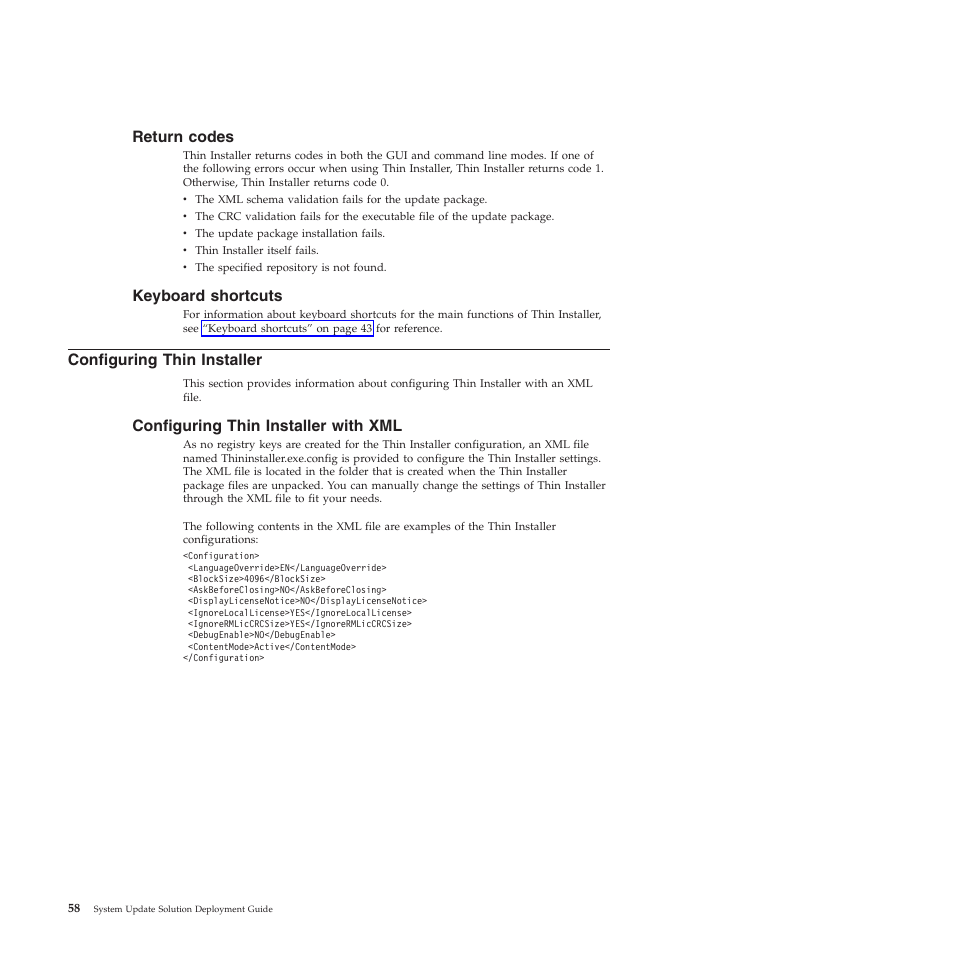 Return codes, Keyboard shortcuts, Configuring thin installer | Configuring thin installer with xml | Lenovo System Update Solution (Deployment Guide) User Manual | Page 64 / 92