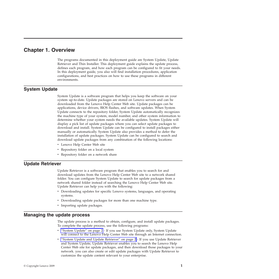 Chapter 1. overview, System update, Update retriever | Managing the update process | Lenovo System Update Solution (Deployment Guide) User Manual | Page 7 / 92