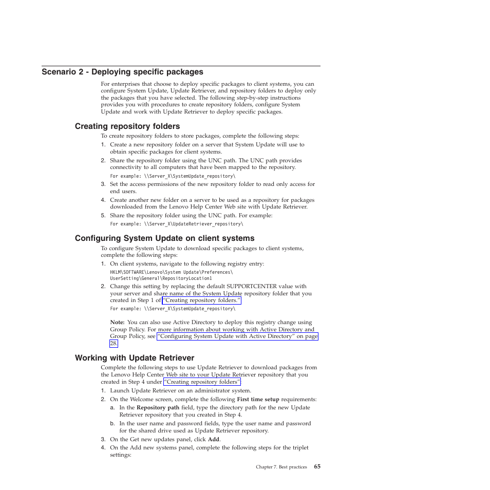 Scenario 2 - deploying specific packages, Creating repository folders, Configuring system update on client systems | Working with update retriever | Lenovo System Update Solution (Deployment Guide) User Manual | Page 71 / 92