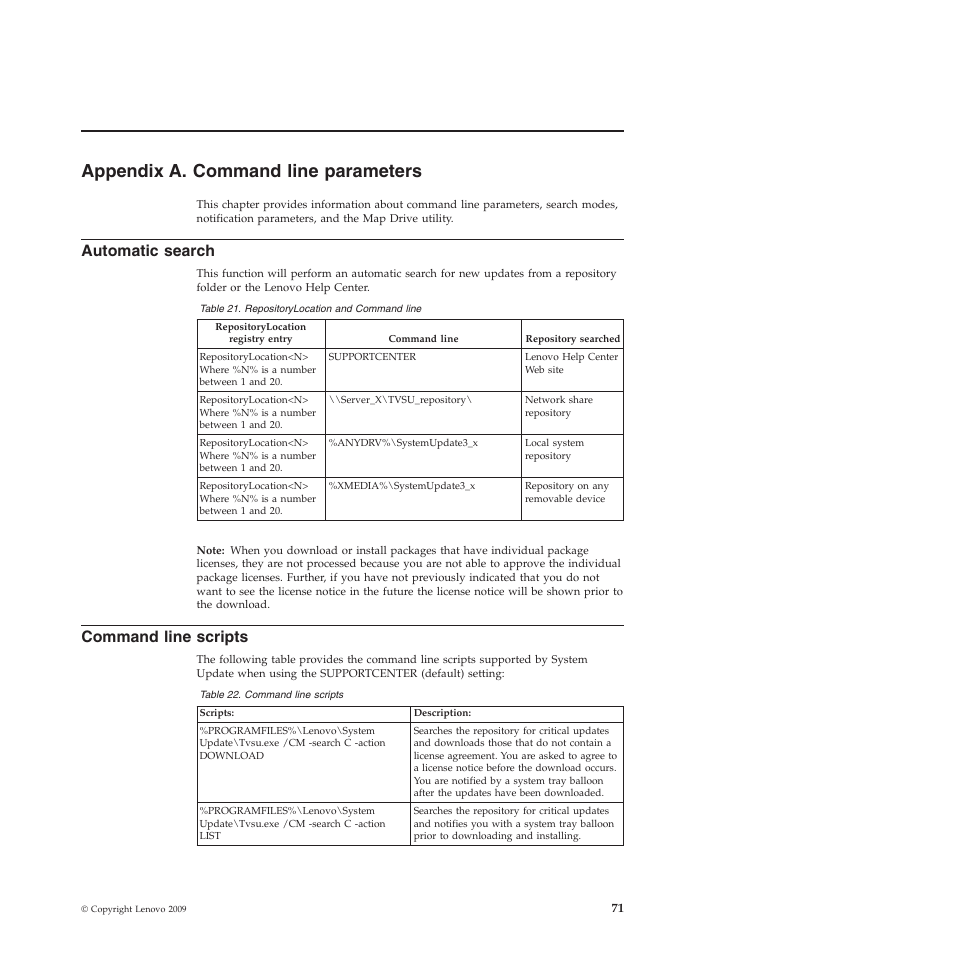 Appendix a. command line parameters, Automatic search, Command line scripts | Appendix a. command line parameters 71 | Lenovo System Update Solution (Deployment Guide) User Manual | Page 77 / 92