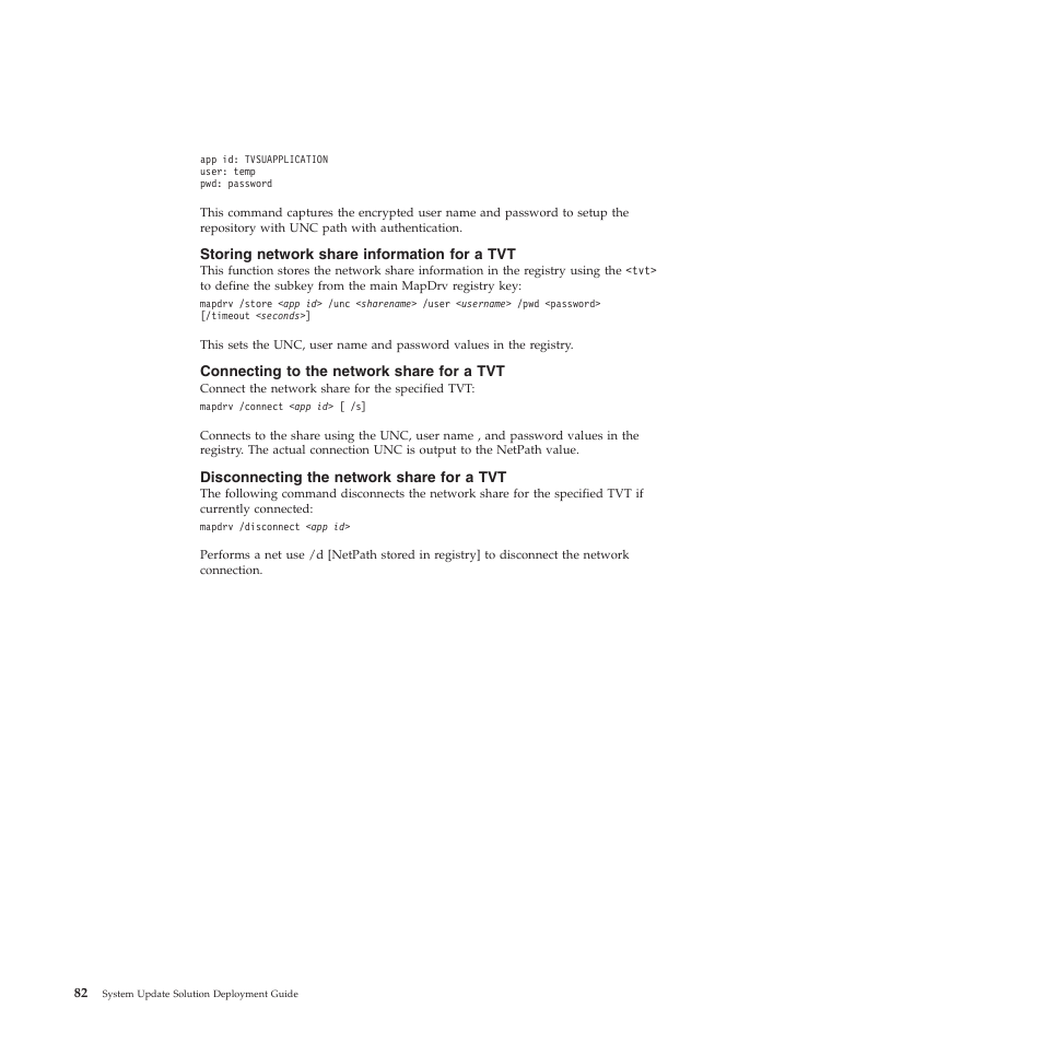 Storing network share information for a tvt, Connecting to the network share for a tvt, Disconnecting the network share for a tvt | Lenovo System Update Solution (Deployment Guide) User Manual | Page 88 / 92