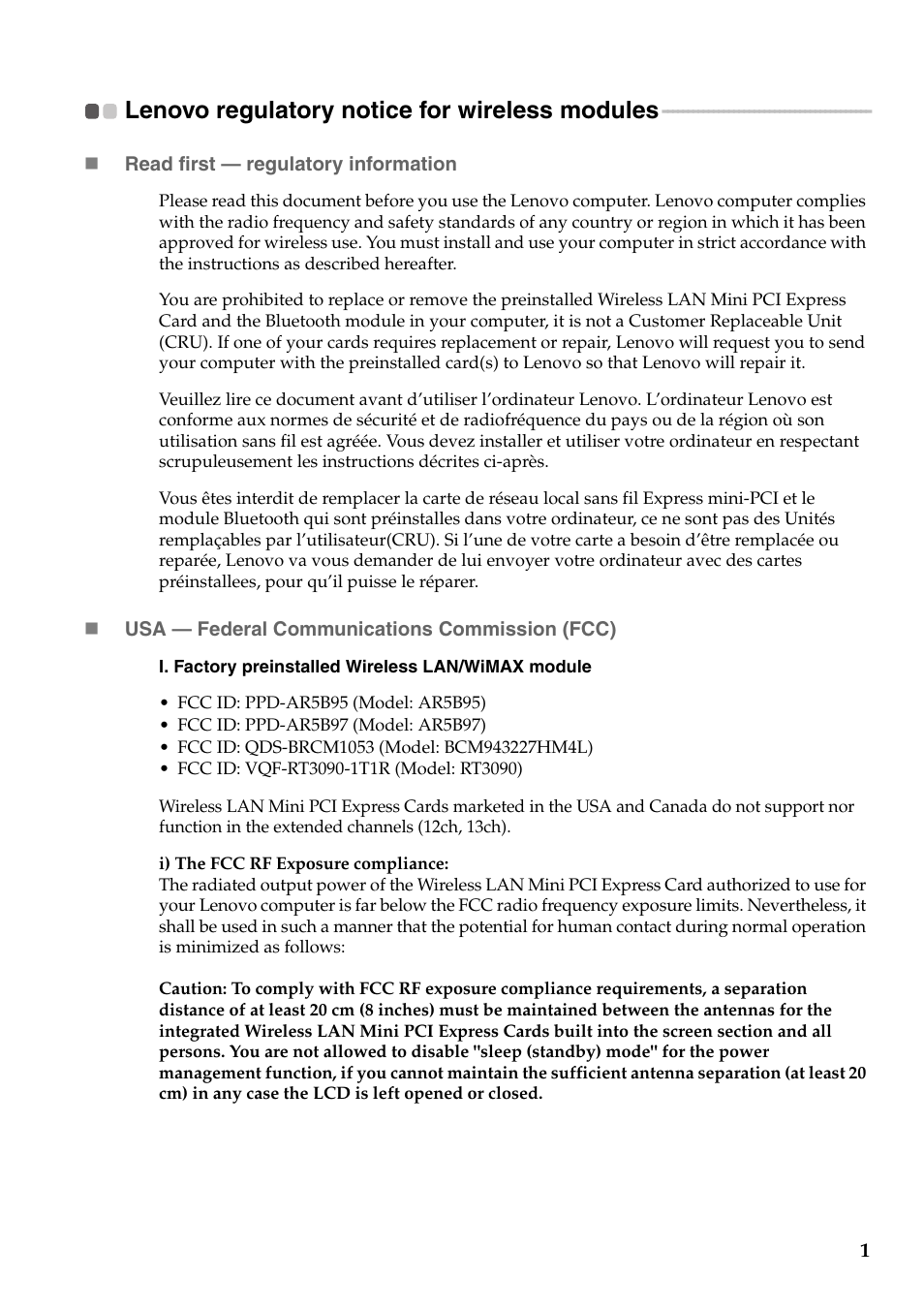 Lenovo regulatory notice for wireless modules | Lenovo IdeaPad Z575 User Manual | Page 2 / 28