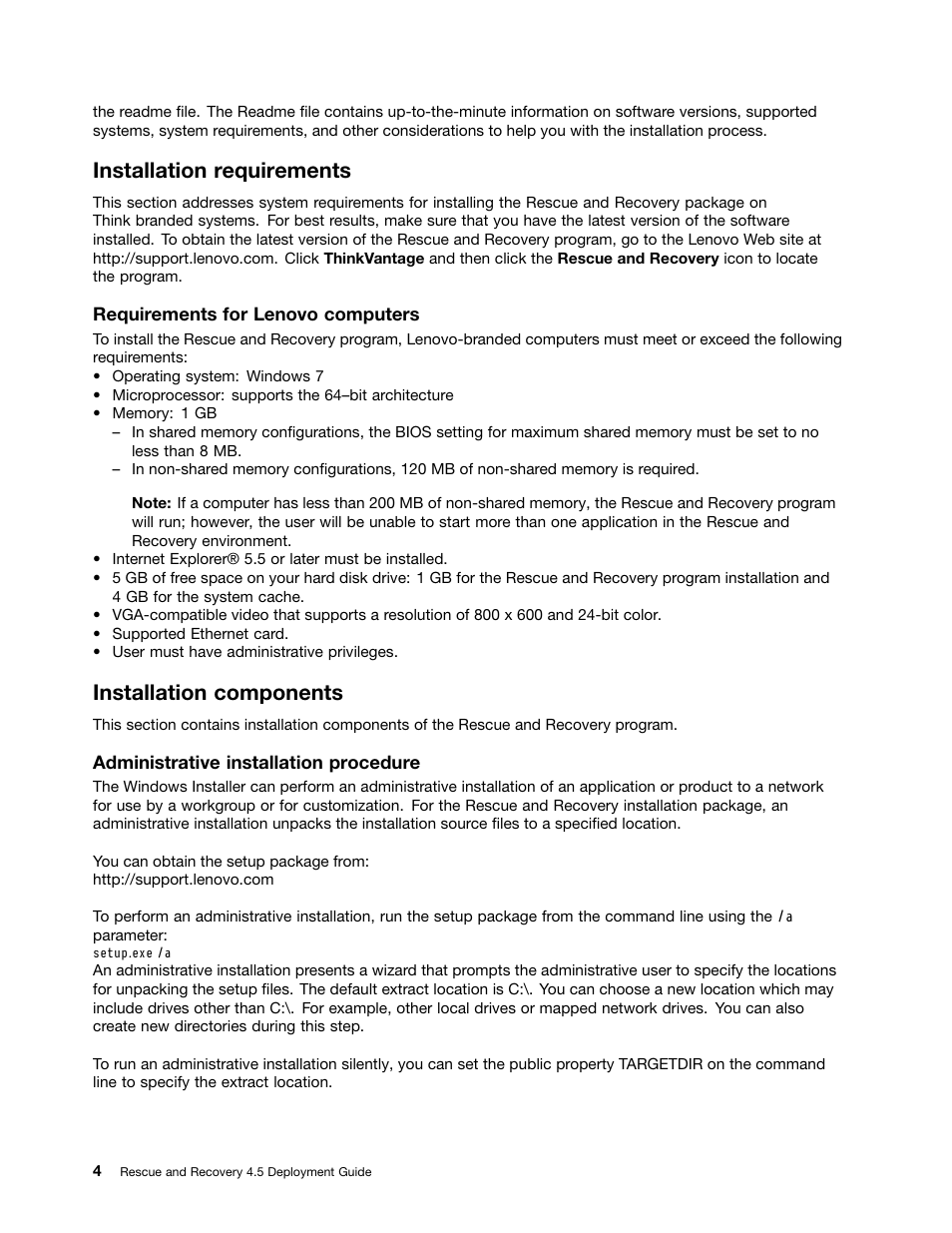 Installation requirements, Installation components | Lenovo ThinkVantage (Rescue and Recovery 4.5) User Manual | Page 10 / 86