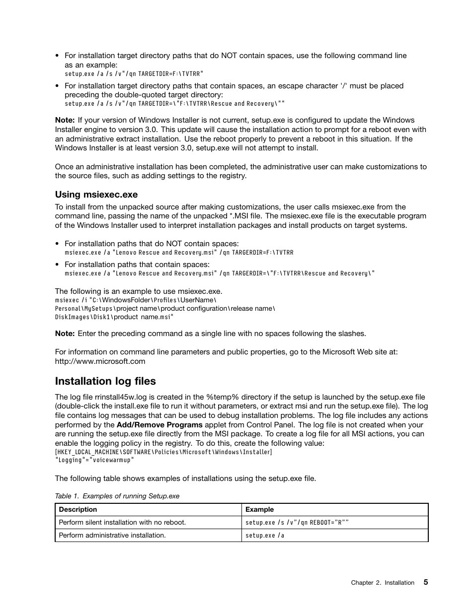 Installation log files, Using msiexec.exe | Lenovo ThinkVantage (Rescue and Recovery 4.5) User Manual | Page 11 / 86