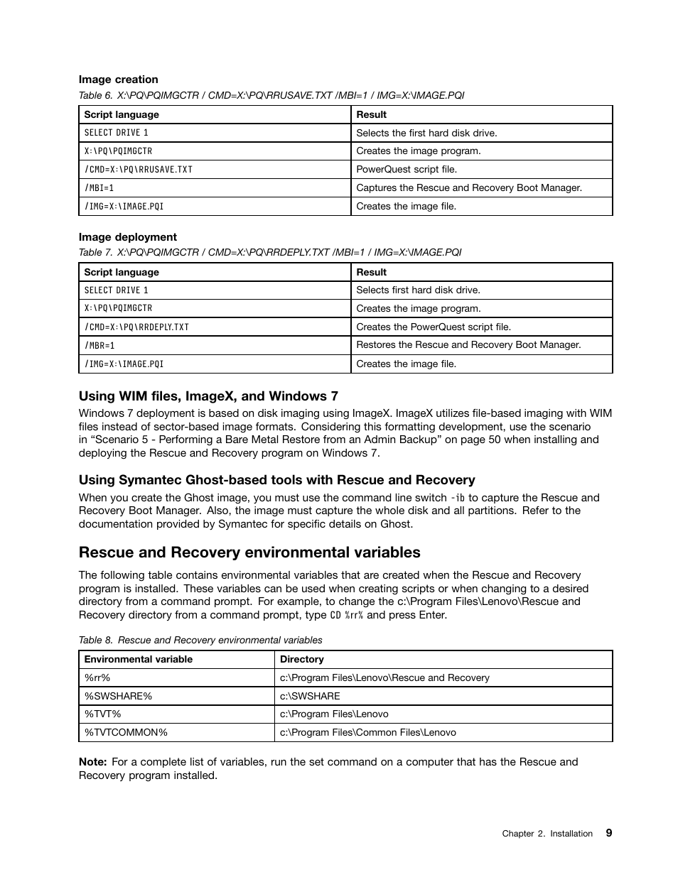 Rescue and recovery environmental variables, Using wim files, imagex, and windows 7 | Lenovo ThinkVantage (Rescue and Recovery 4.5) User Manual | Page 15 / 86