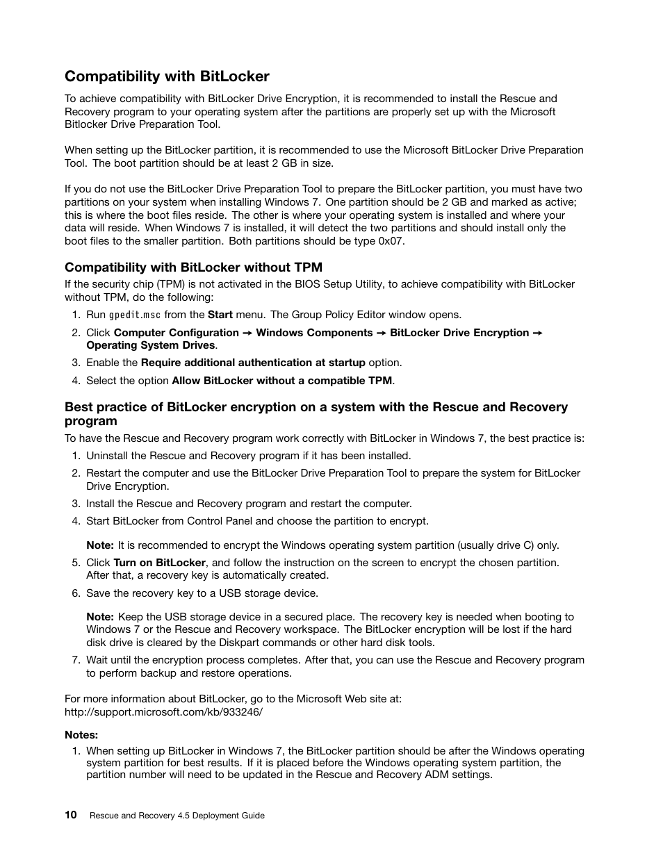 Compatibility with bitlocker | Lenovo ThinkVantage (Rescue and Recovery 4.5) User Manual | Page 16 / 86
