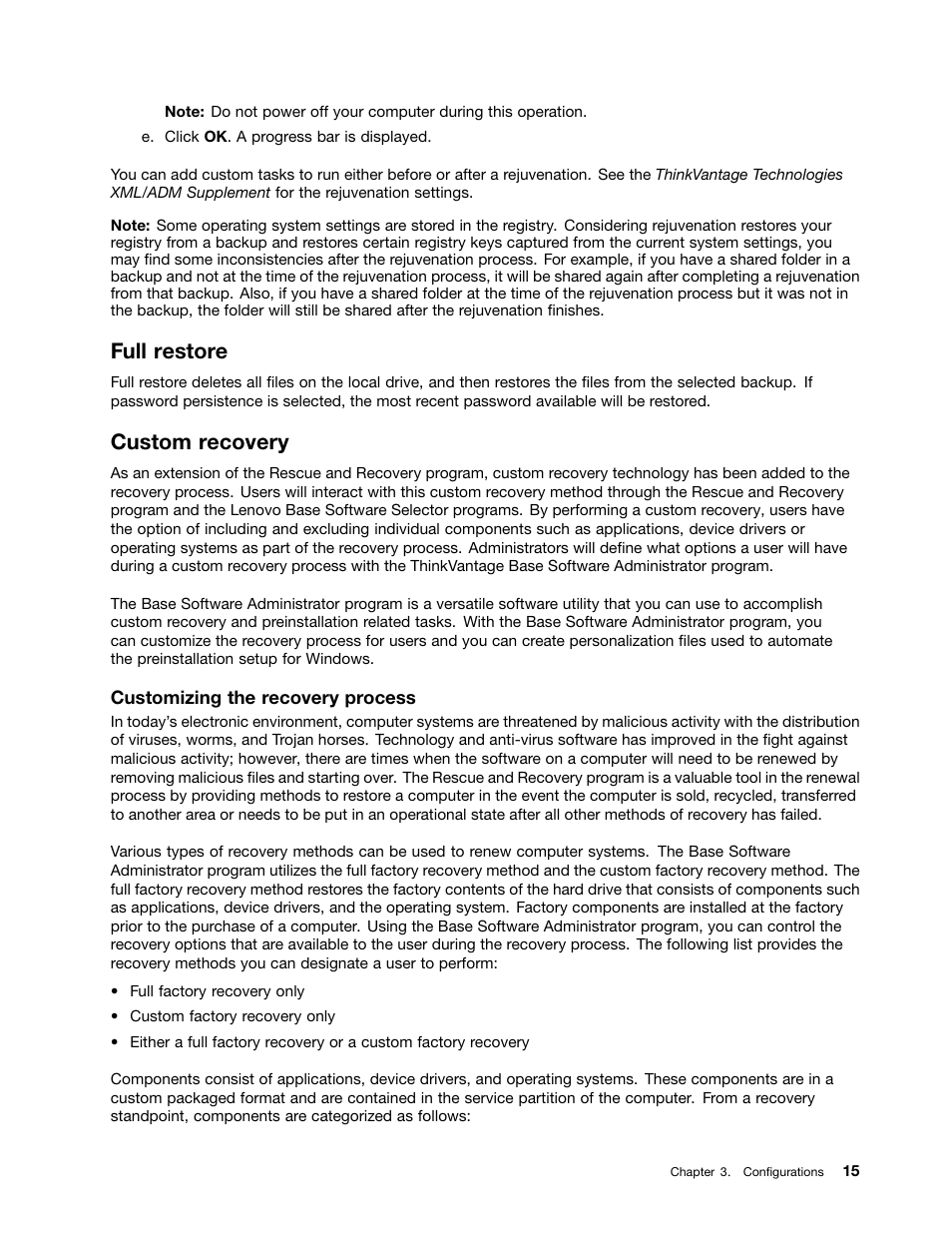 Full restore, Custom recovery | Lenovo ThinkVantage (Rescue and Recovery 4.5) User Manual | Page 21 / 86