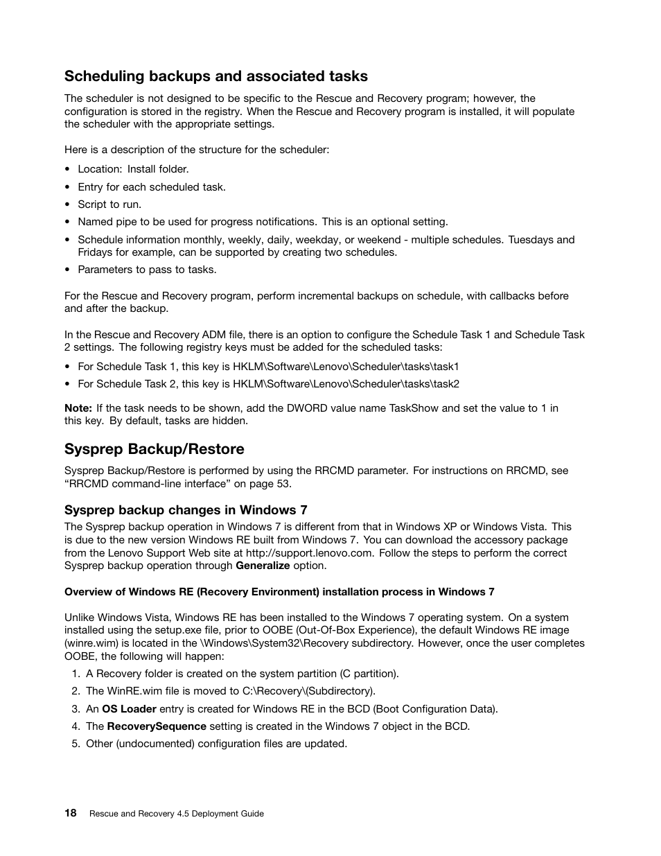 Scheduling backups and associated tasks, Sysprep backup/restore | Lenovo ThinkVantage (Rescue and Recovery 4.5) User Manual | Page 24 / 86