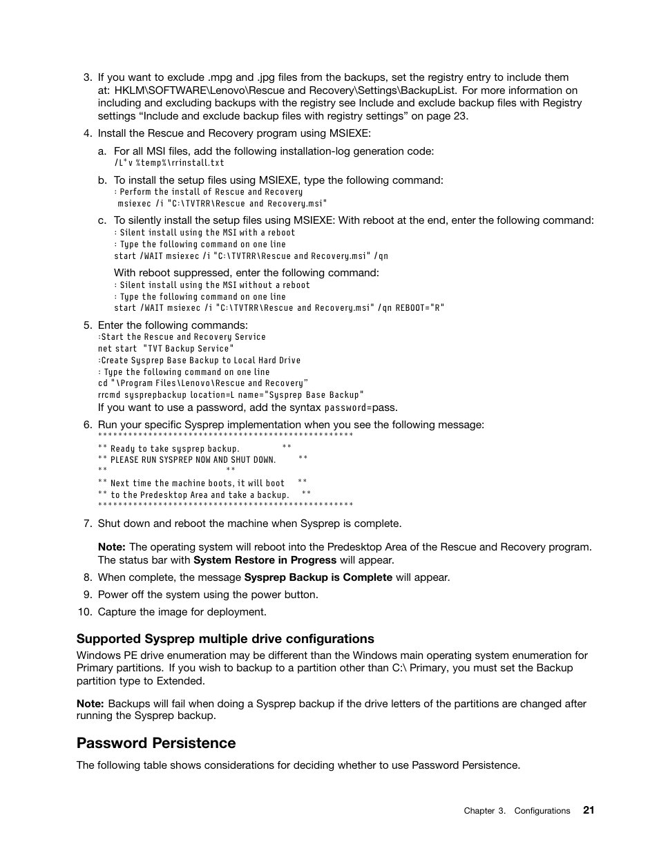 Password persistence, Supported sysprep multiple drive configurations | Lenovo ThinkVantage (Rescue and Recovery 4.5) User Manual | Page 27 / 86