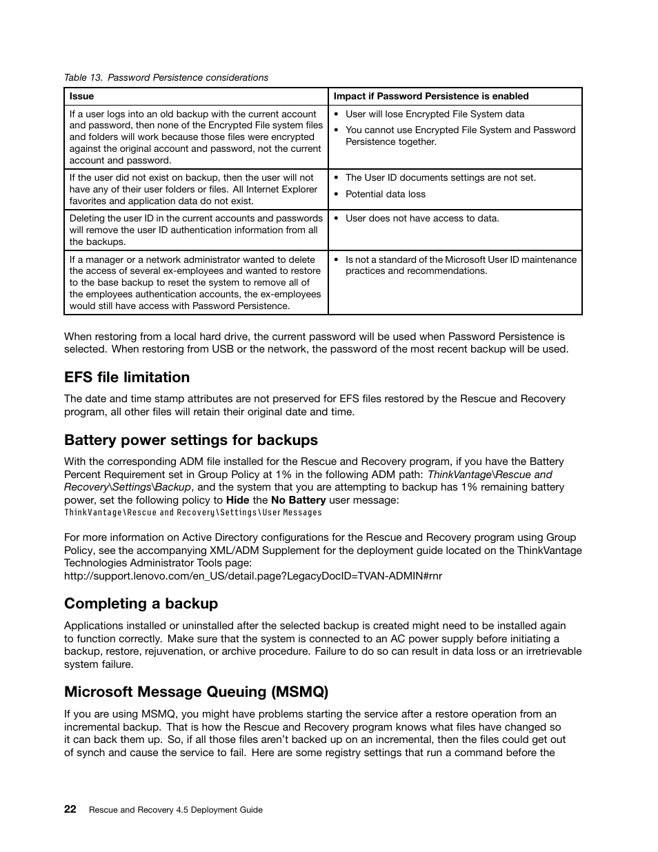 Efs file limitation, Battery power settings for backups, Completing a backup | Microsoft message queuing (msmq) | Lenovo ThinkVantage (Rescue and Recovery 4.5) User Manual | Page 28 / 86