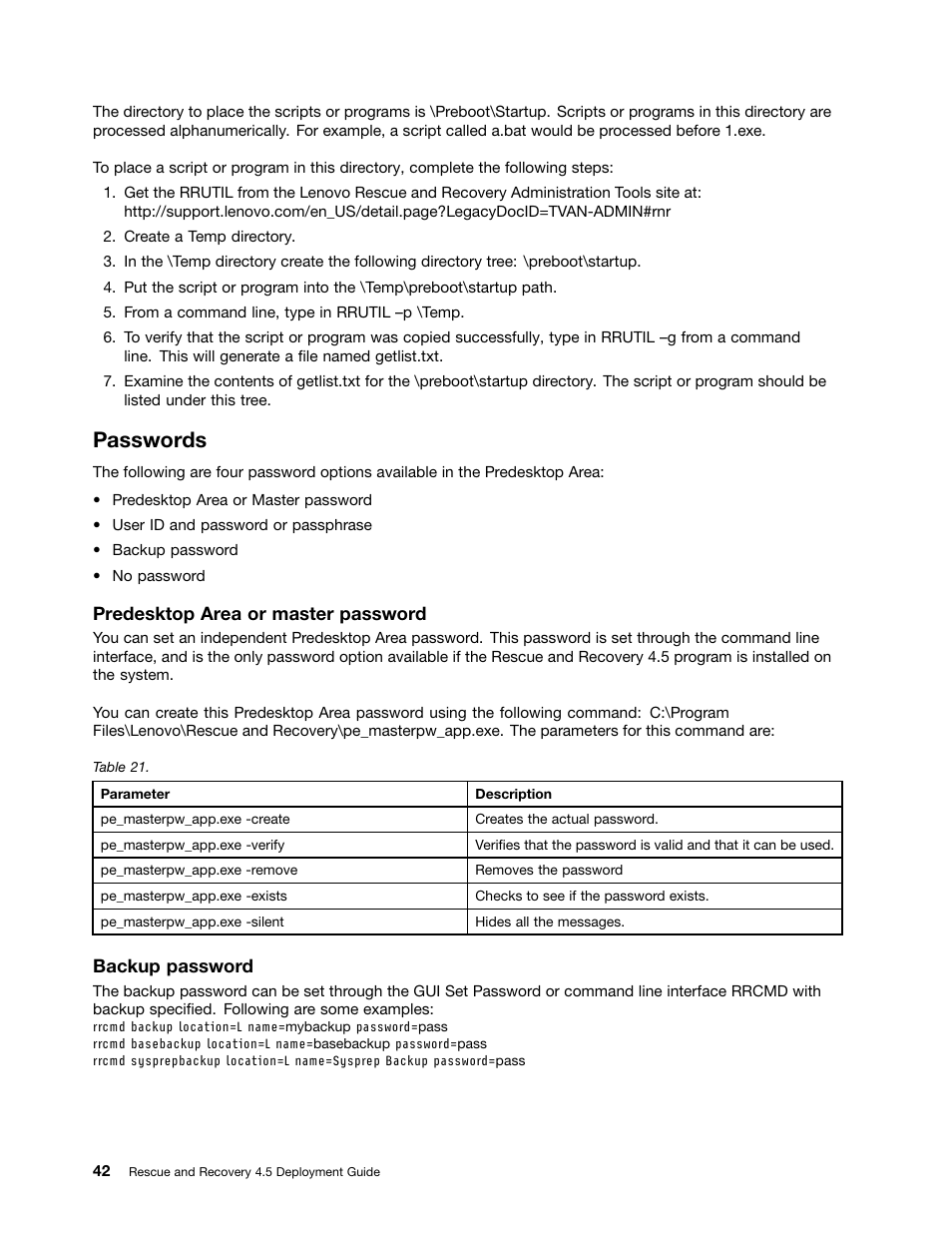 Passwords, Predesktop area or master password, Backup password | Lenovo ThinkVantage (Rescue and Recovery 4.5) User Manual | Page 48 / 86