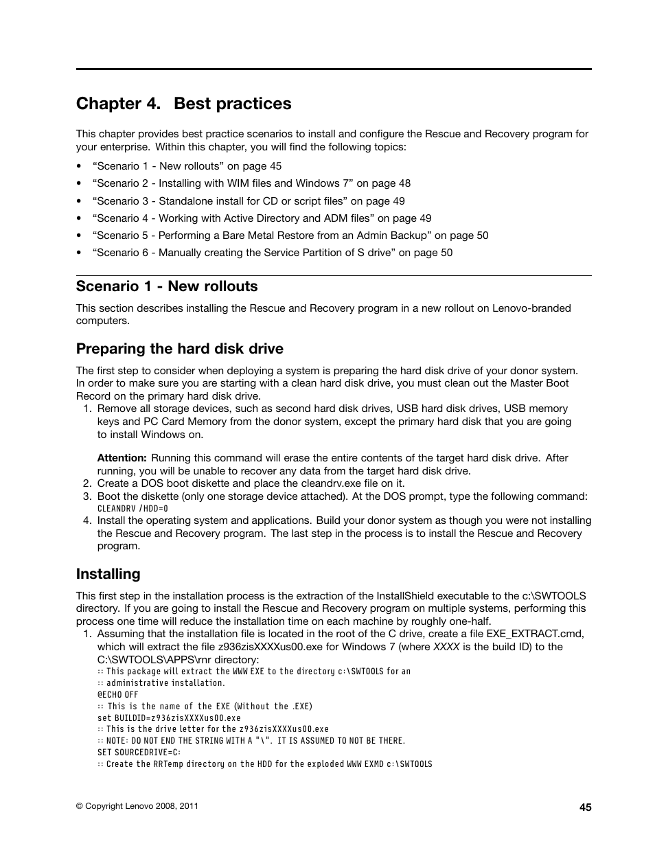 Chapter 4. best practices, Scenario 1 - new rollouts, Preparing the hard disk drive | Installing | Lenovo ThinkVantage (Rescue and Recovery 4.5) User Manual | Page 51 / 86