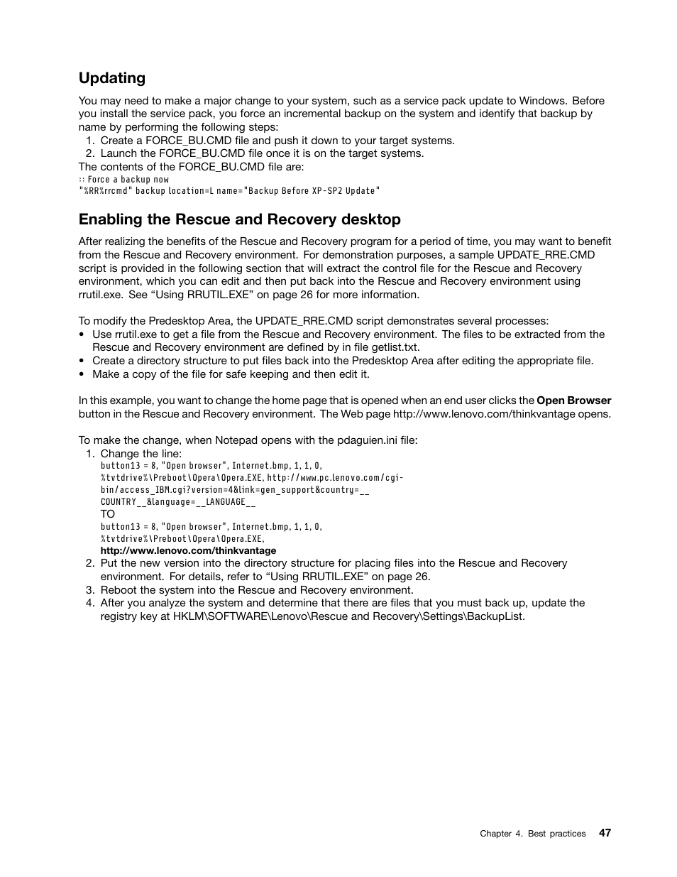 Updating, Enabling the rescue and recovery desktop | Lenovo ThinkVantage (Rescue and Recovery 4.5) User Manual | Page 53 / 86