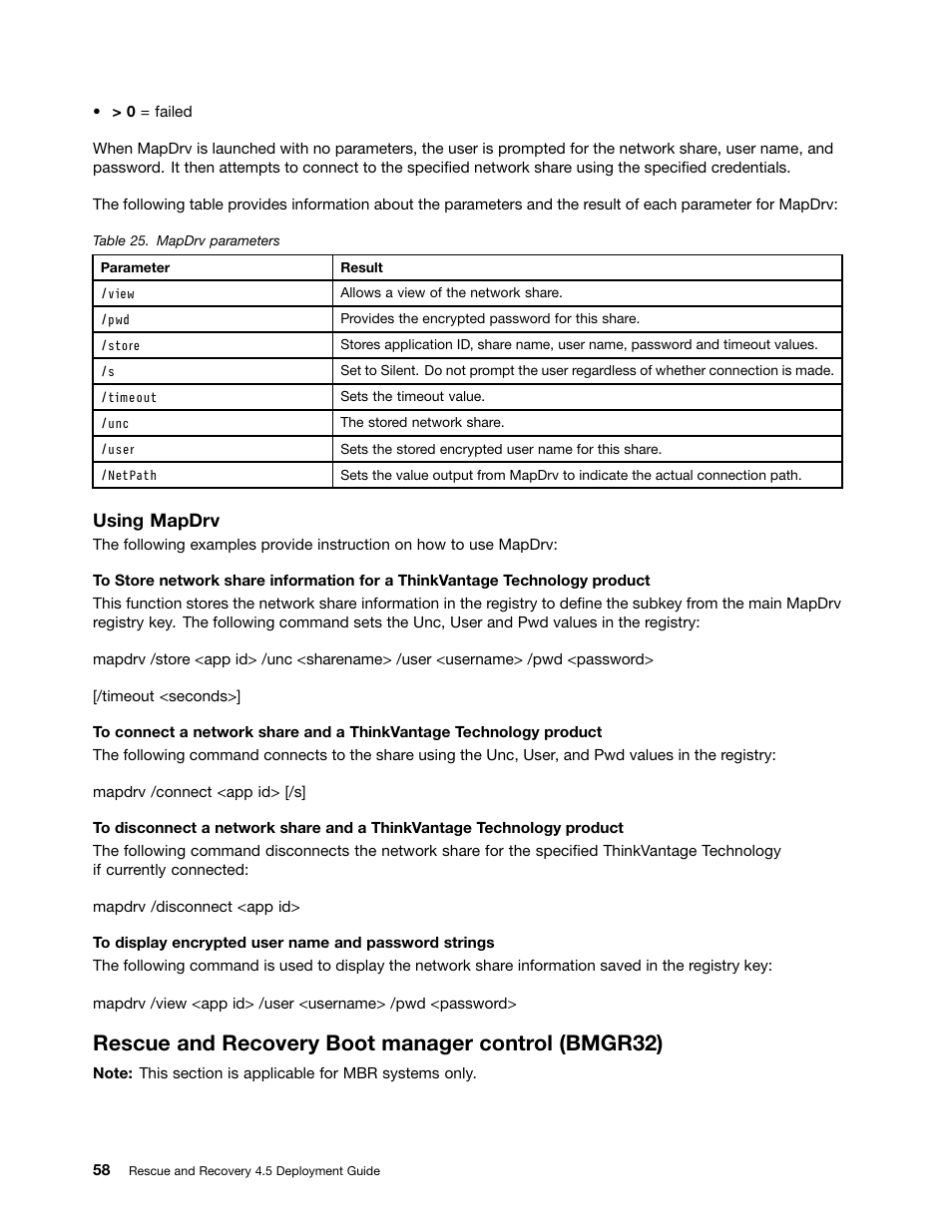 Rescue and recovery boot manager control (bmgr32), Using mapdrv | Lenovo ThinkVantage (Rescue and Recovery 4.5) User Manual | Page 64 / 86