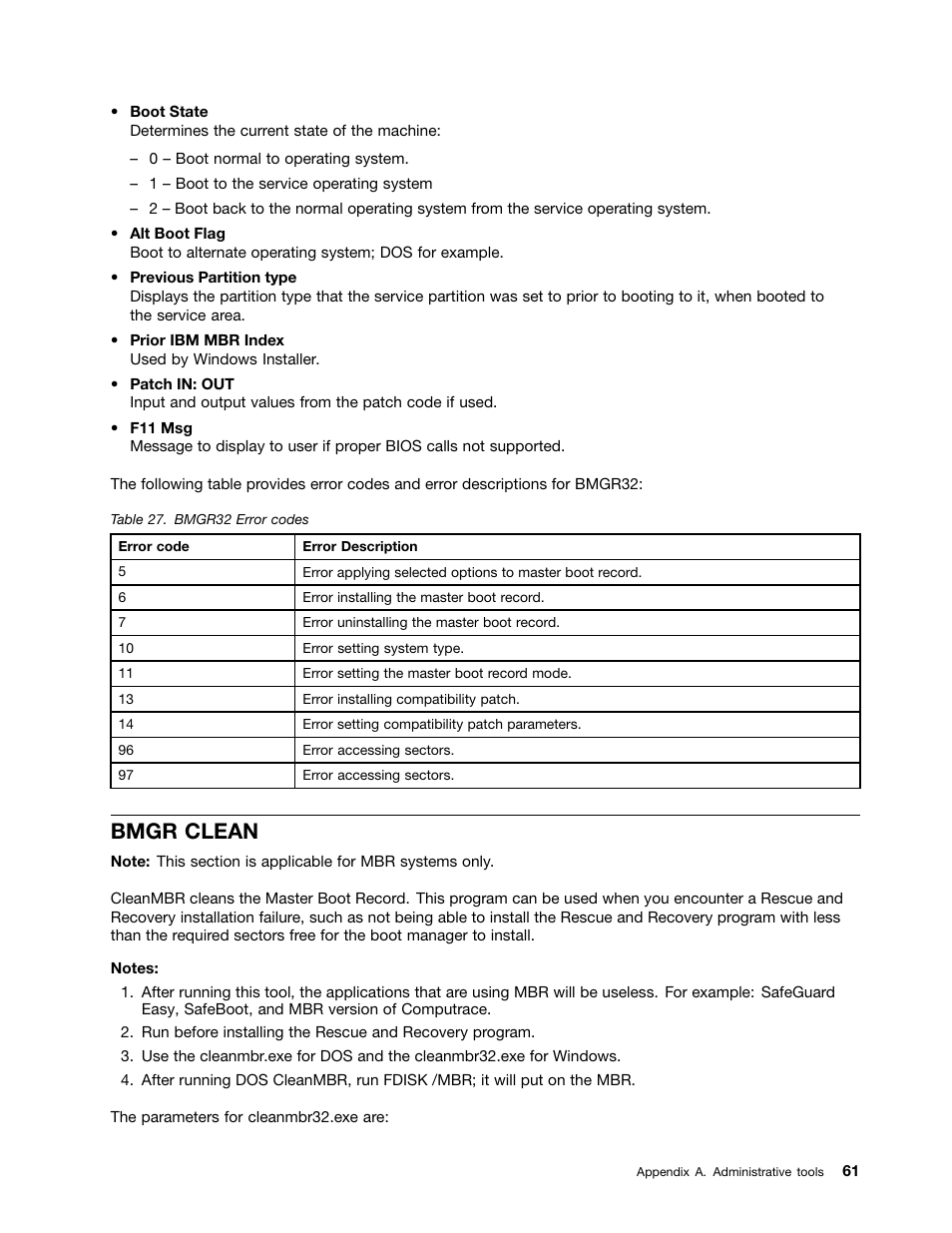 Bmgr clean | Lenovo ThinkVantage (Rescue and Recovery 4.5) User Manual | Page 67 / 86