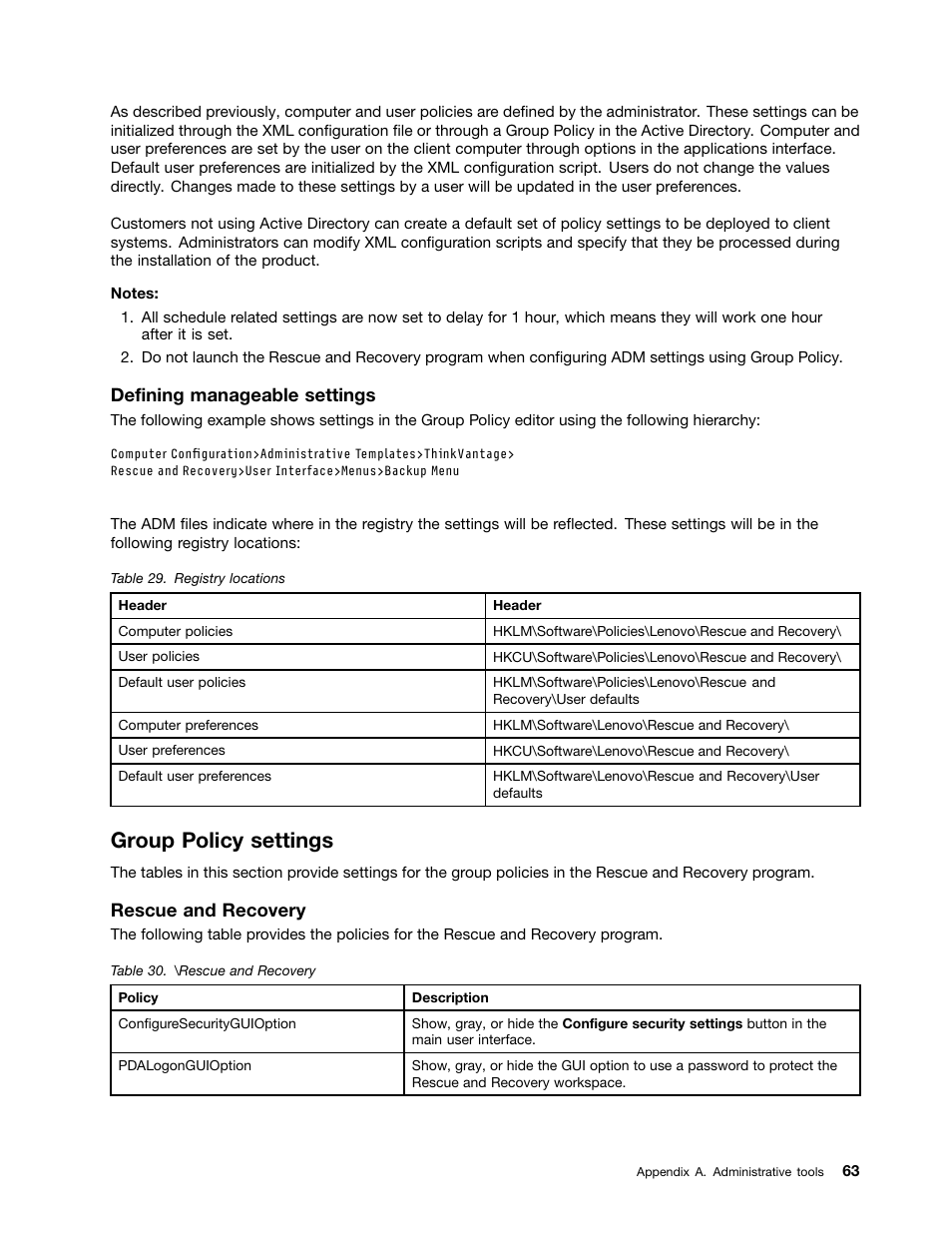 Group policy settings, Defining manageable settings, Rescue and recovery | Lenovo ThinkVantage (Rescue and Recovery 4.5) User Manual | Page 69 / 86