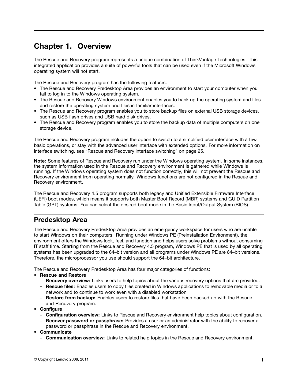 Chapter 1. overview, Predesktop area | Lenovo ThinkVantage (Rescue and Recovery 4.5) User Manual | Page 7 / 86