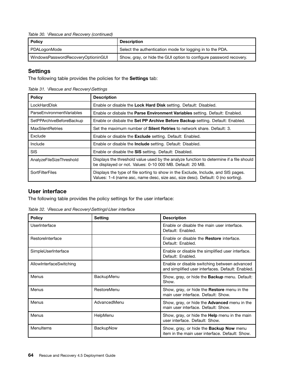 Settings, User interface | Lenovo ThinkVantage (Rescue and Recovery 4.5) User Manual | Page 70 / 86