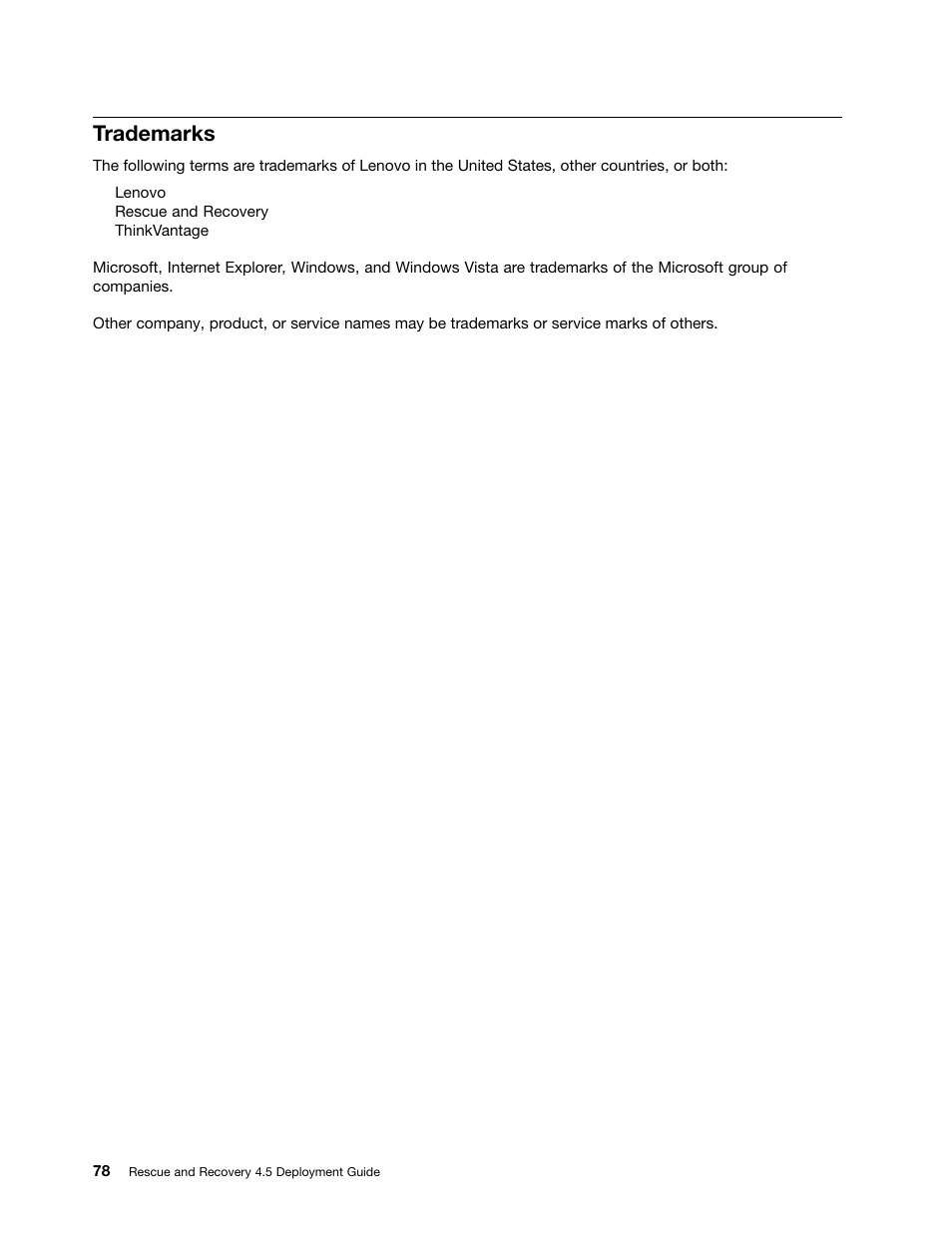 Trademarks | Lenovo ThinkVantage (Rescue and Recovery 4.5) User Manual | Page 84 / 86