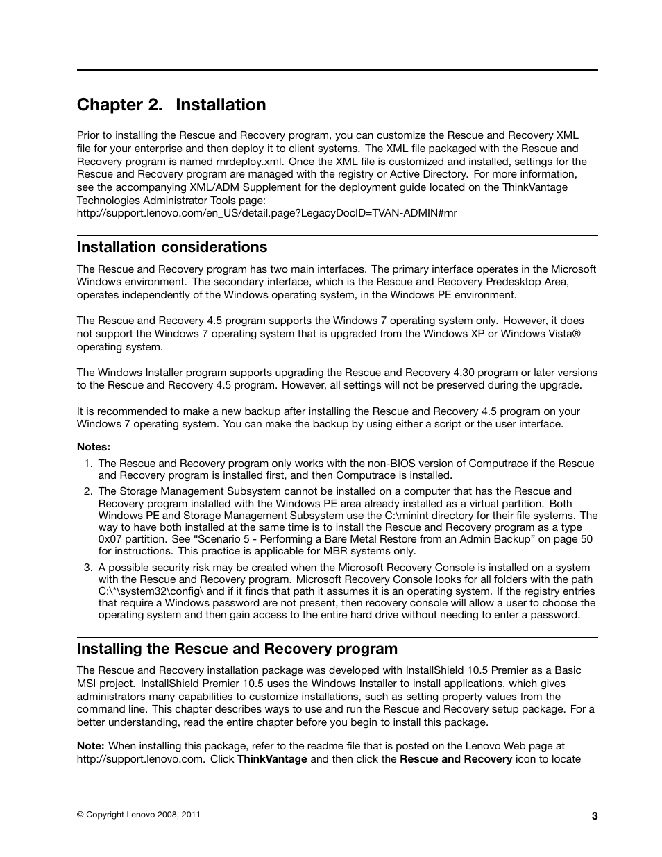 Chapter 2. installation, Installation considerations, Installing the rescue and recovery program | Lenovo ThinkVantage (Rescue and Recovery 4.5) User Manual | Page 9 / 86