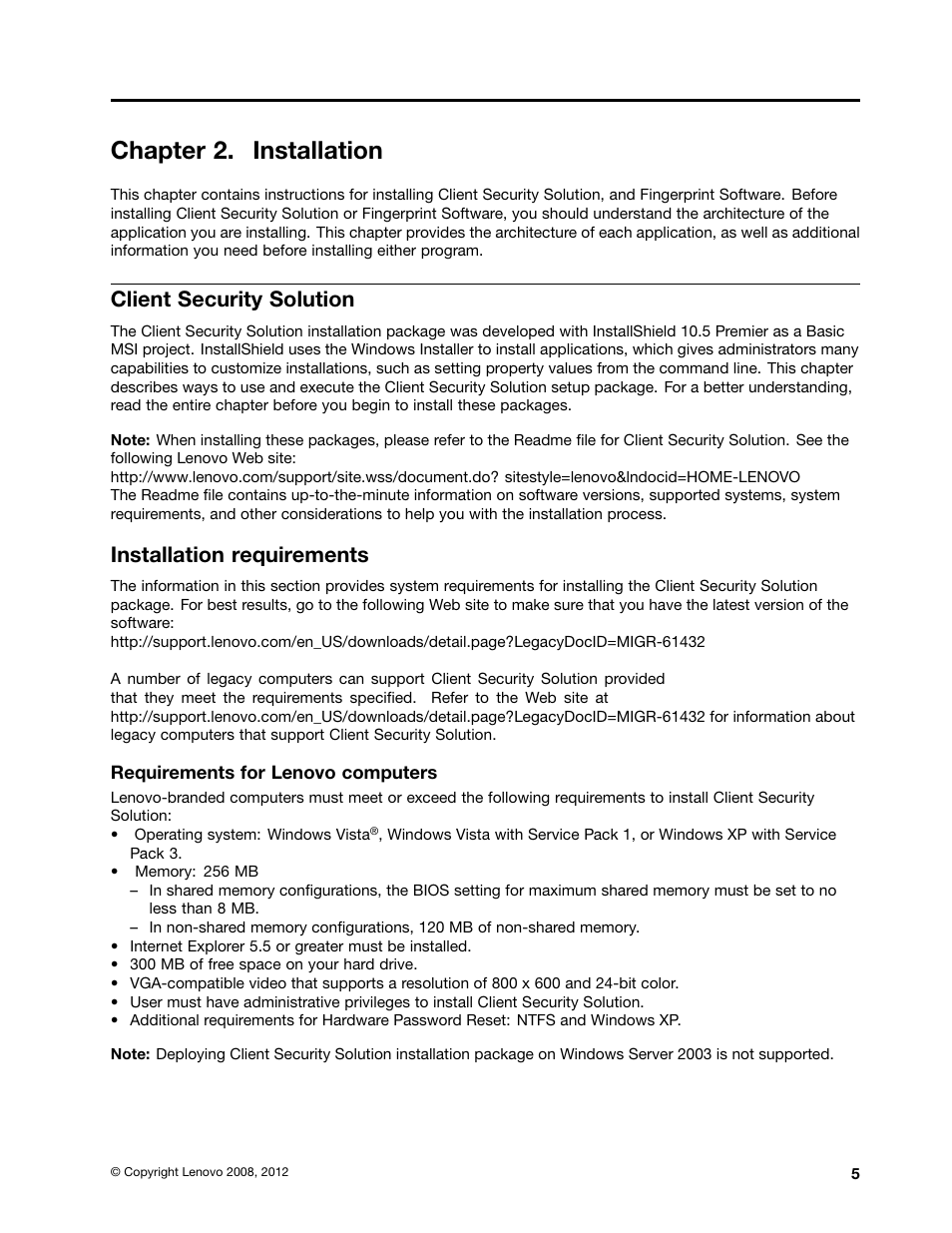 Chapter 2. installation, Client security solution, Installation requirements | Lenovo ThinkVantage (Client Security Solution 8.21) User Manual | Page 11 / 86