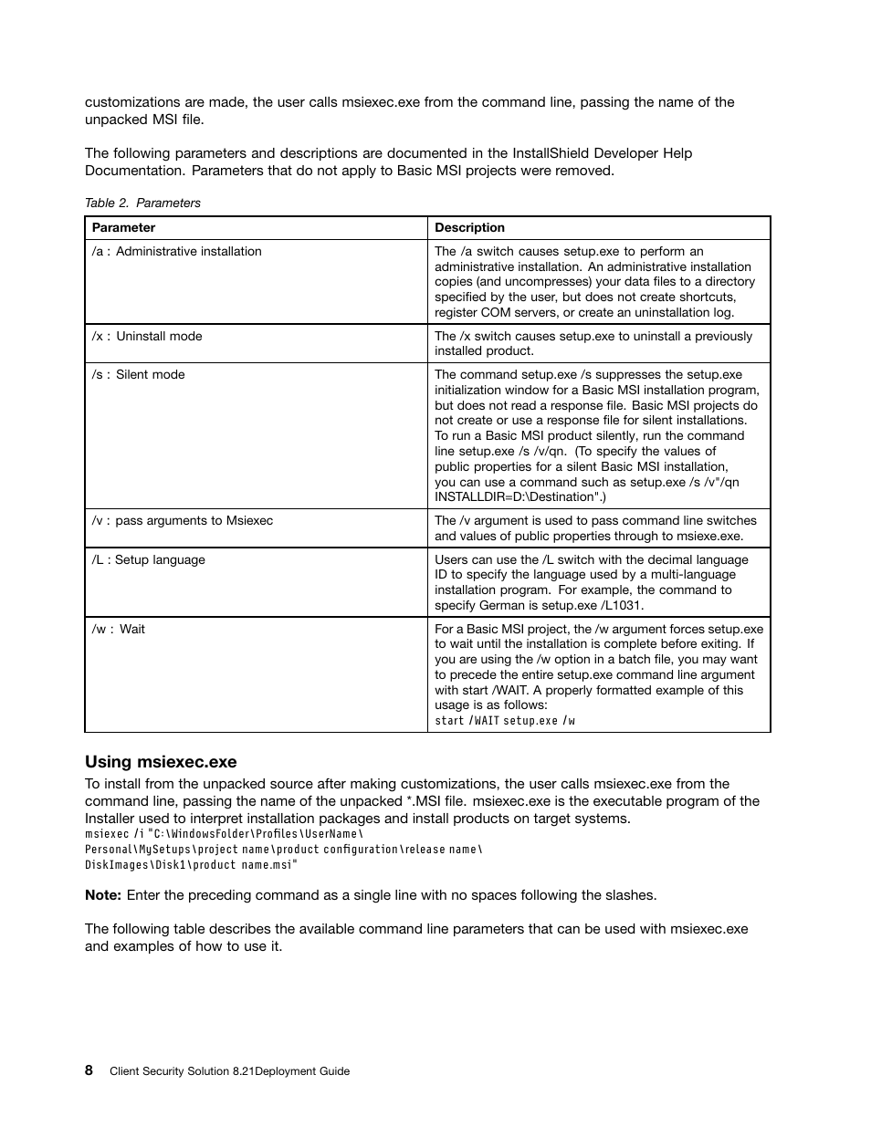 Using msiexec.exe | Lenovo ThinkVantage (Client Security Solution 8.21) User Manual | Page 14 / 86