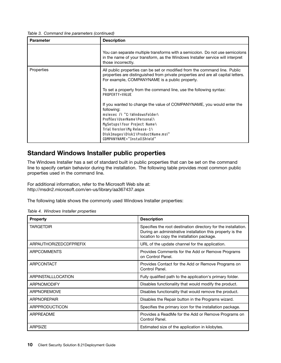 Standard windows installer public properties | Lenovo ThinkVantage (Client Security Solution 8.21) User Manual | Page 16 / 86