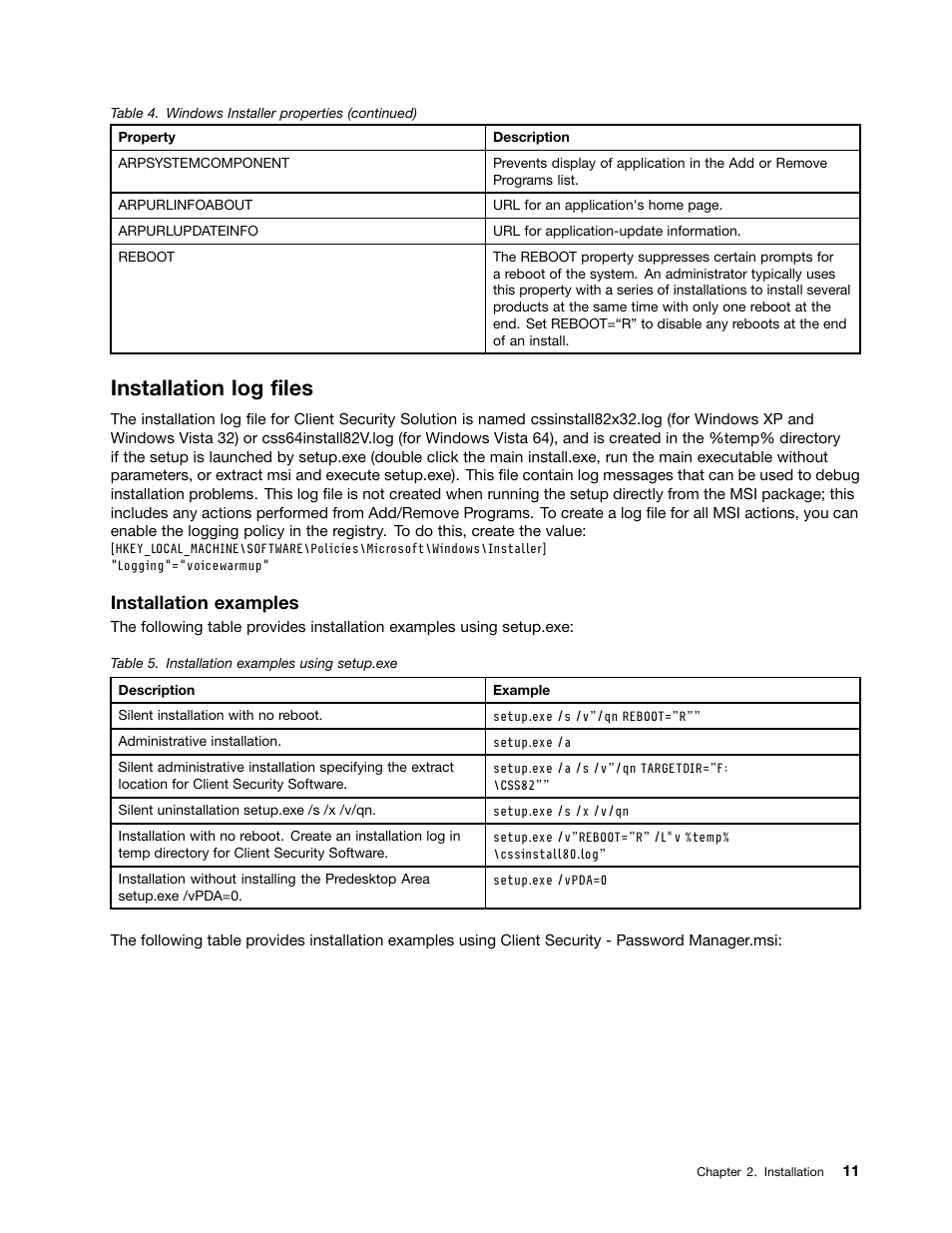 Installation log files, Installation examples | Lenovo ThinkVantage (Client Security Solution 8.21) User Manual | Page 17 / 86