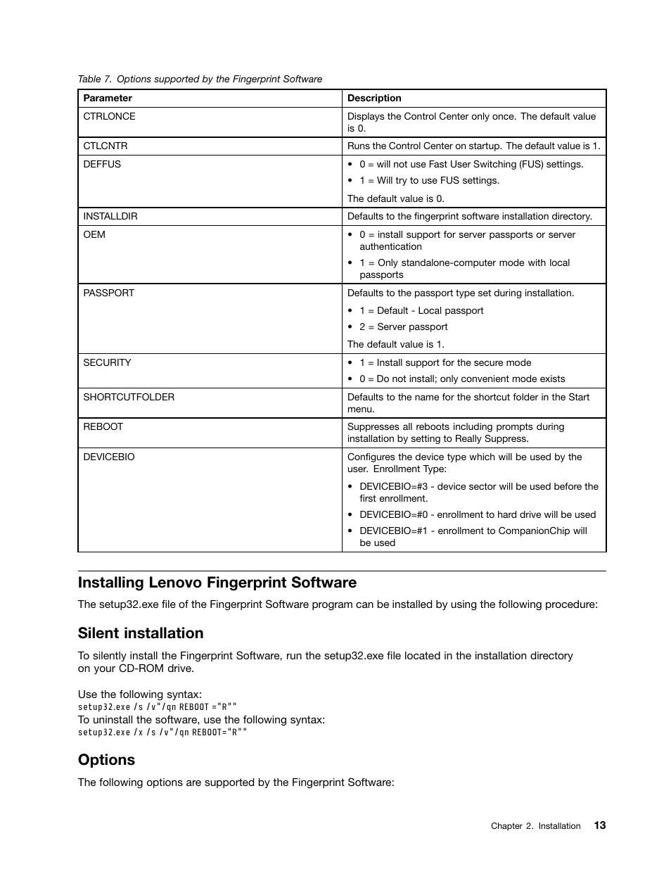 Installing lenovo fingerprint software, Silent installation, Options | Lenovo ThinkVantage (Client Security Solution 8.21) User Manual | Page 19 / 86