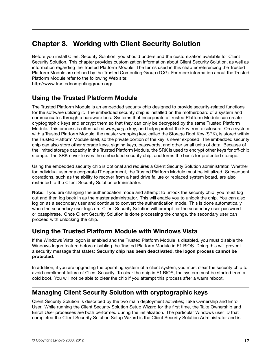 Chapter 3. working with client security solution, Using the trusted platform module | Lenovo ThinkVantage (Client Security Solution 8.21) User Manual | Page 23 / 86