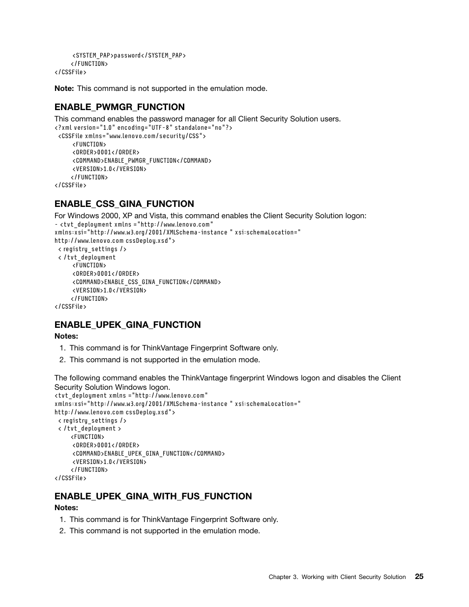 Enable_pwmgr_function, Enable_css_gina_function, Enable_upek_gina_function | Enable_upek_gina_with_fus_function | Lenovo ThinkVantage (Client Security Solution 8.21) User Manual | Page 31 / 86