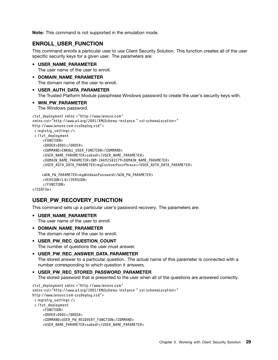 Enroll_user_function, User_pw_recovery_function | Lenovo ThinkVantage (Client Security Solution 8.21) User Manual | Page 35 / 86