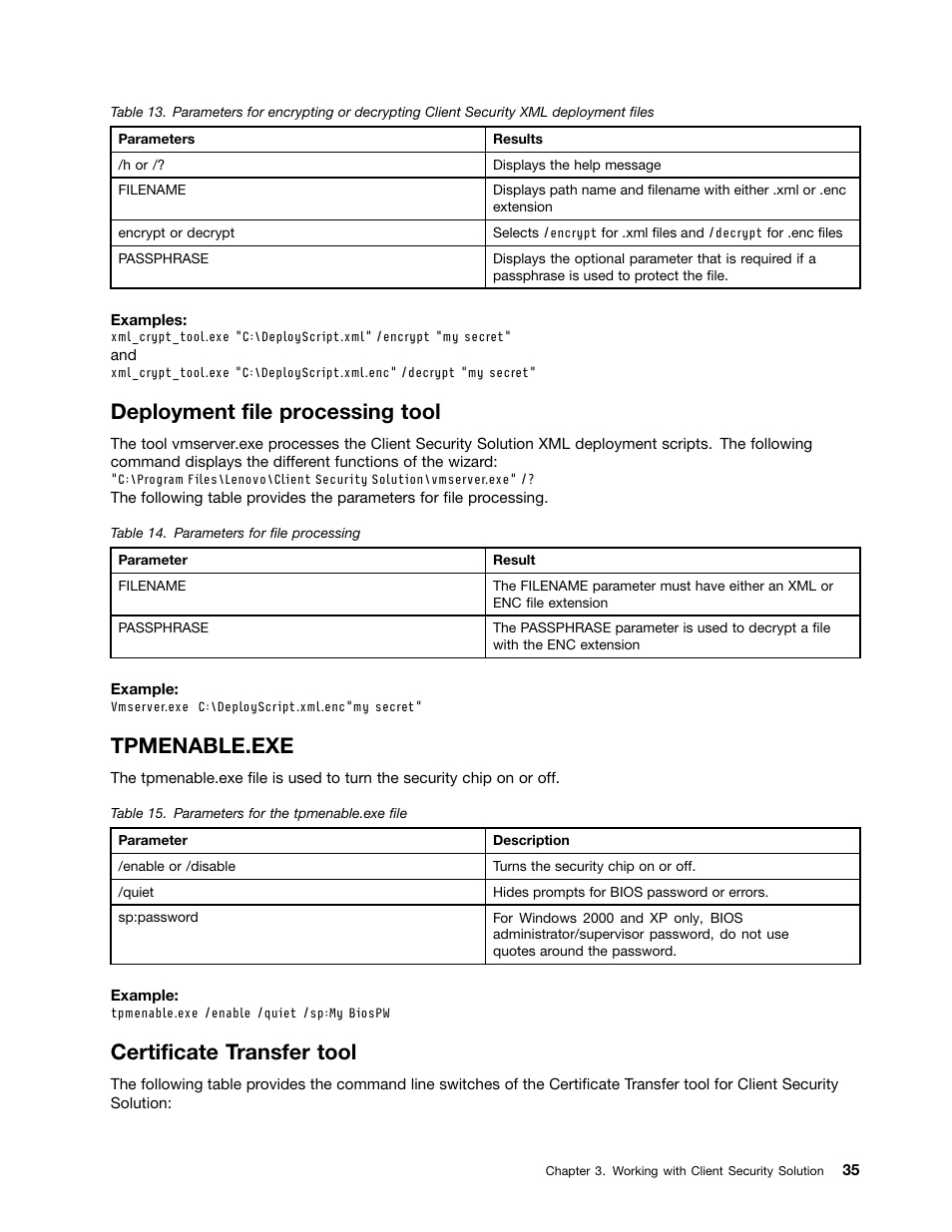 Deployment file processing tool, Tpmenable.exe, Certificate transfer tool | Lenovo ThinkVantage (Client Security Solution 8.21) User Manual | Page 41 / 86