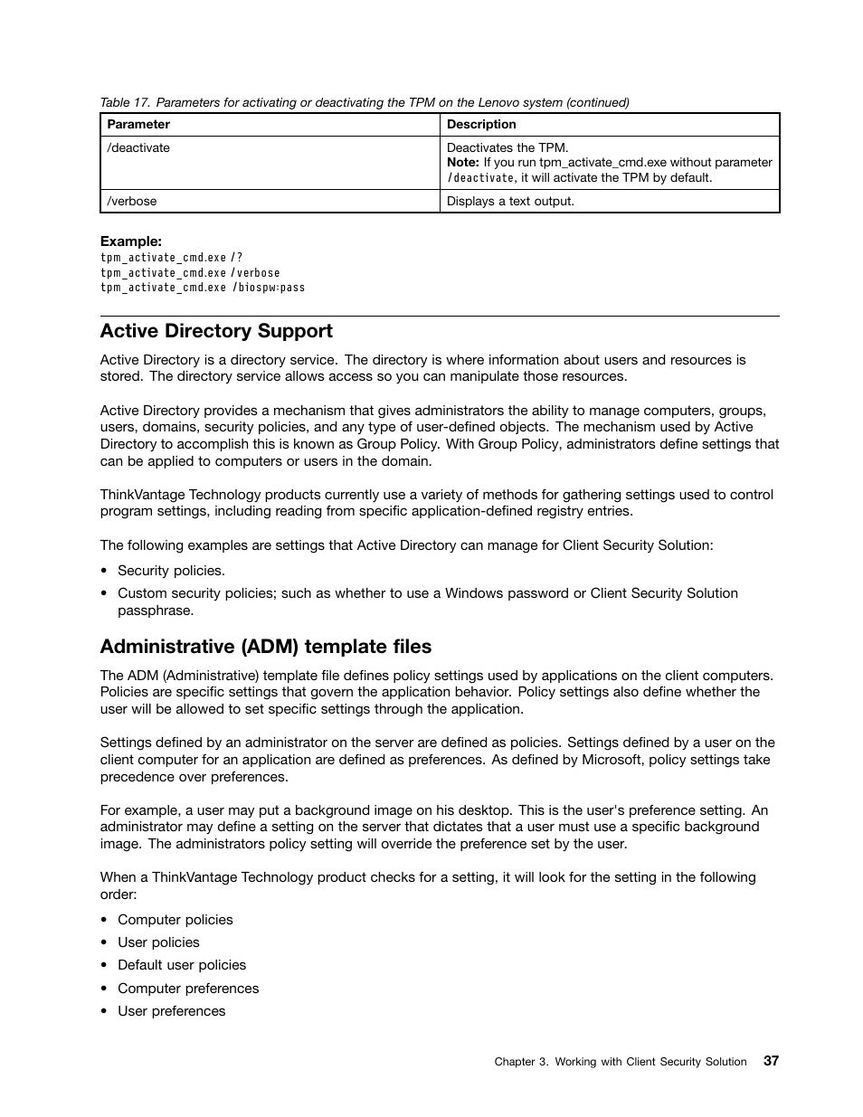 Active directory support, Administrative (adm) template files | Lenovo ThinkVantage (Client Security Solution 8.21) User Manual | Page 43 / 86