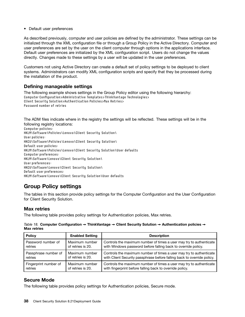 Group policy settings, Defining manageable settings, Max retries | Secure mode | Lenovo ThinkVantage (Client Security Solution 8.21) User Manual | Page 44 / 86