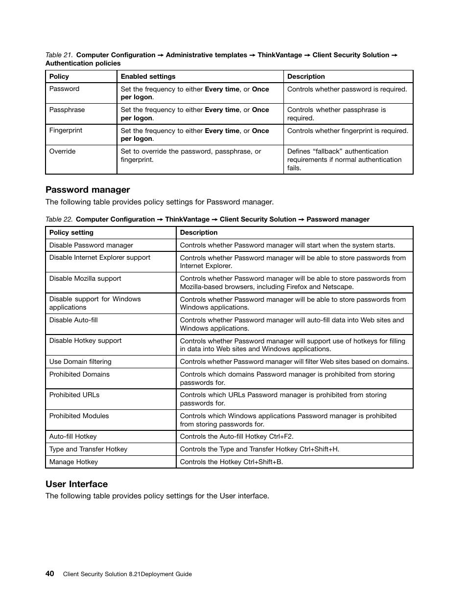 Password manager, User interface | Lenovo ThinkVantage (Client Security Solution 8.21) User Manual | Page 46 / 86