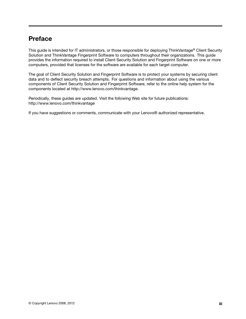 Preface | Lenovo ThinkVantage (Client Security Solution 8.21) User Manual | Page 5 / 86