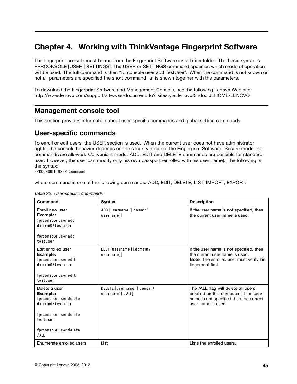 Management console tool, User-specific commands | Lenovo ThinkVantage (Client Security Solution 8.21) User Manual | Page 51 / 86