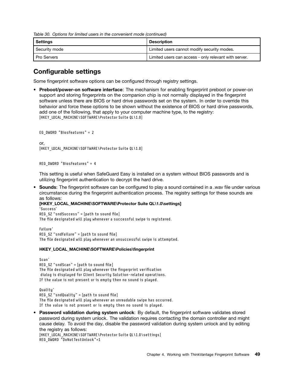 Configurable settings | Lenovo ThinkVantage (Client Security Solution 8.21) User Manual | Page 55 / 86