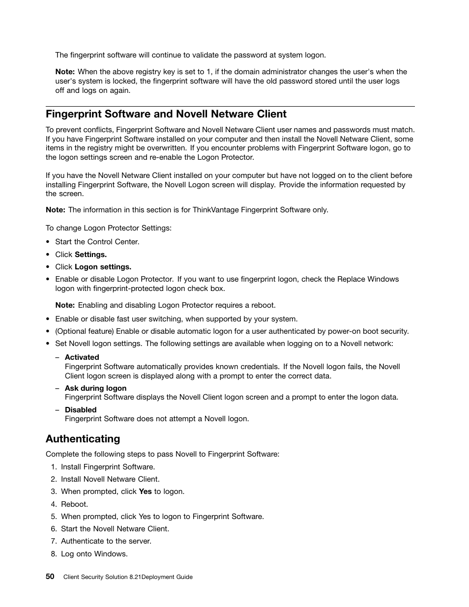 Fingerprint software and novell netware client, Authenticating | Lenovo ThinkVantage (Client Security Solution 8.21) User Manual | Page 56 / 86
