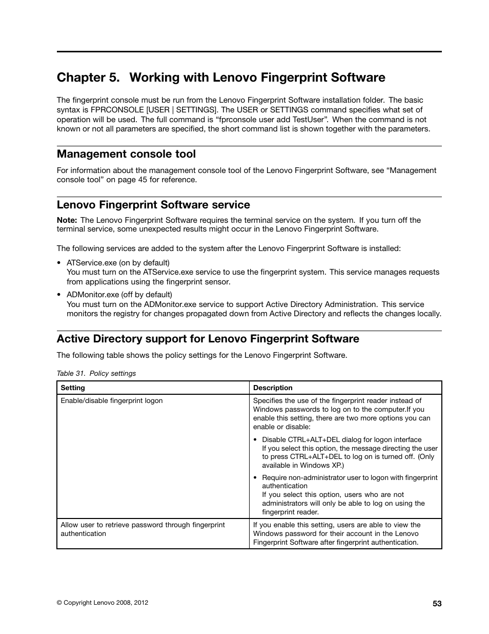 Management console tool, Lenovo fingerprint software service | Lenovo ThinkVantage (Client Security Solution 8.21) User Manual | Page 59 / 86