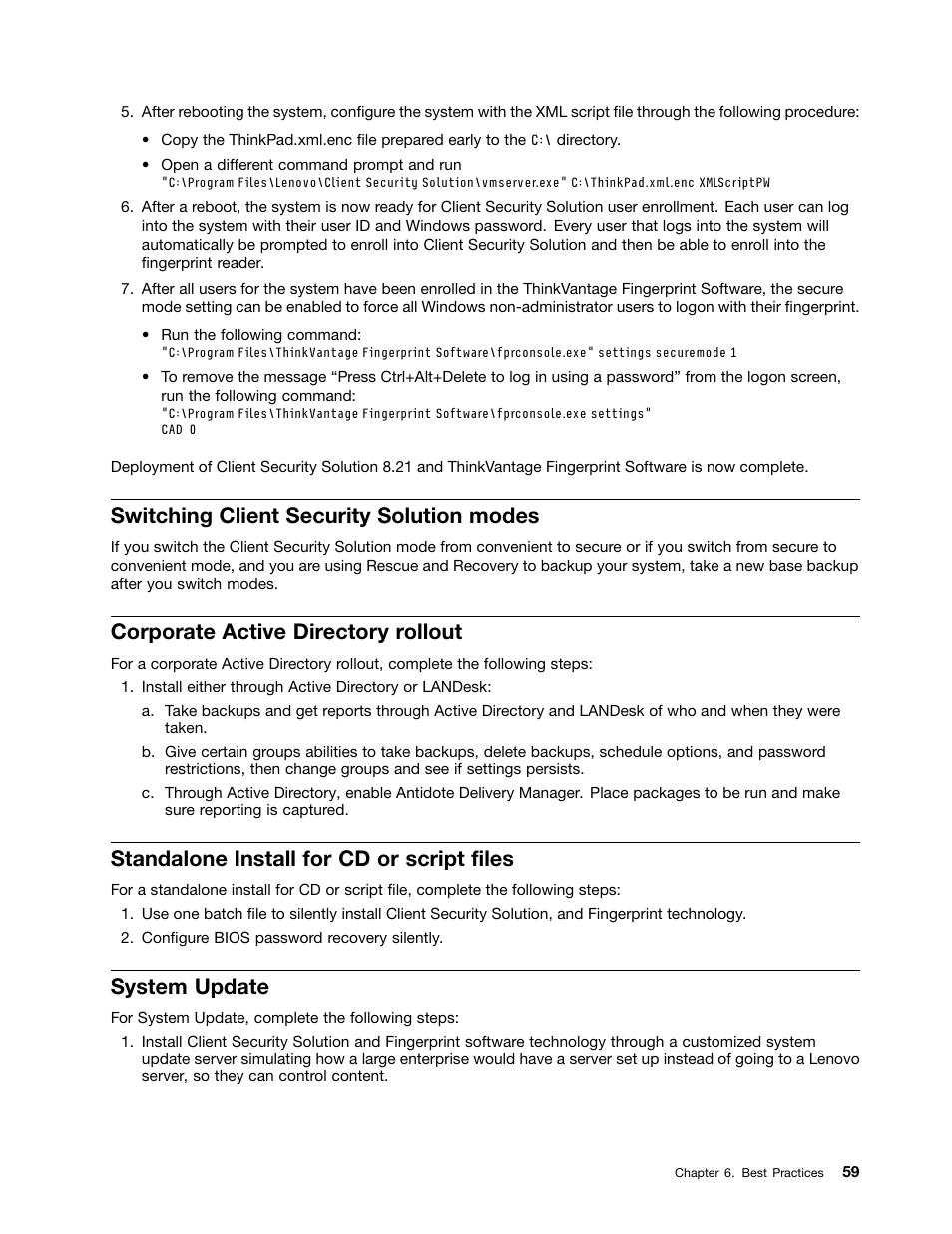 Switching client security solution modes, Corporate active directory rollout, Standalone install for cd or script files | System update | Lenovo ThinkVantage (Client Security Solution 8.21) User Manual | Page 65 / 86
