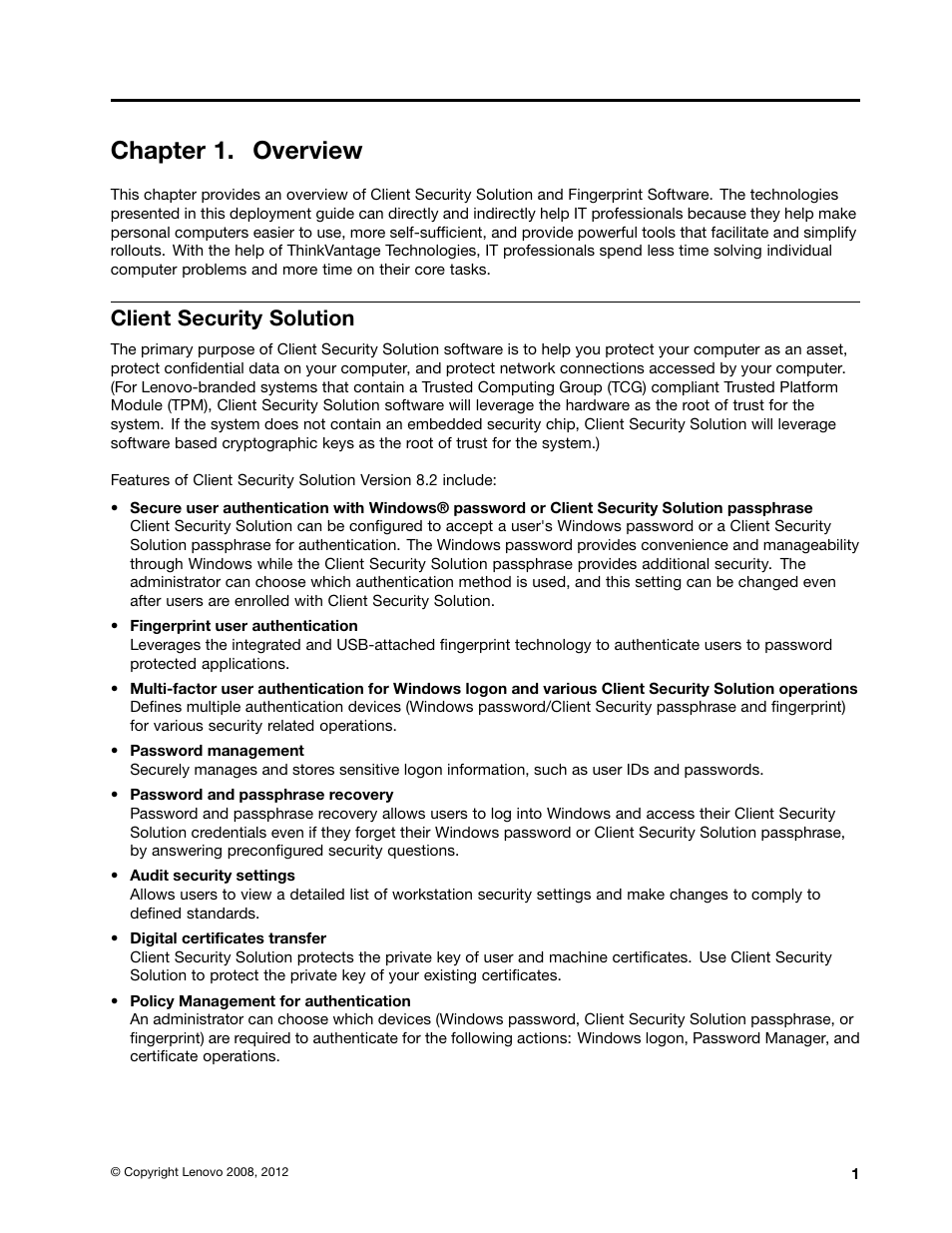 Chapter 1. overview, Client security solution | Lenovo ThinkVantage (Client Security Solution 8.21) User Manual | Page 7 / 86