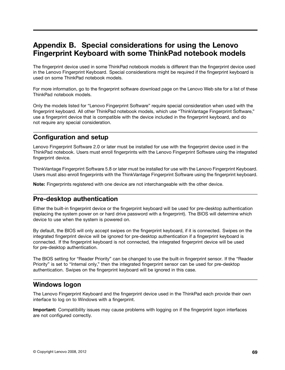 Configuration and setup, Pre-desktop authentication, Windows logon | Lenovo ThinkVantage (Client Security Solution 8.21) User Manual | Page 75 / 86