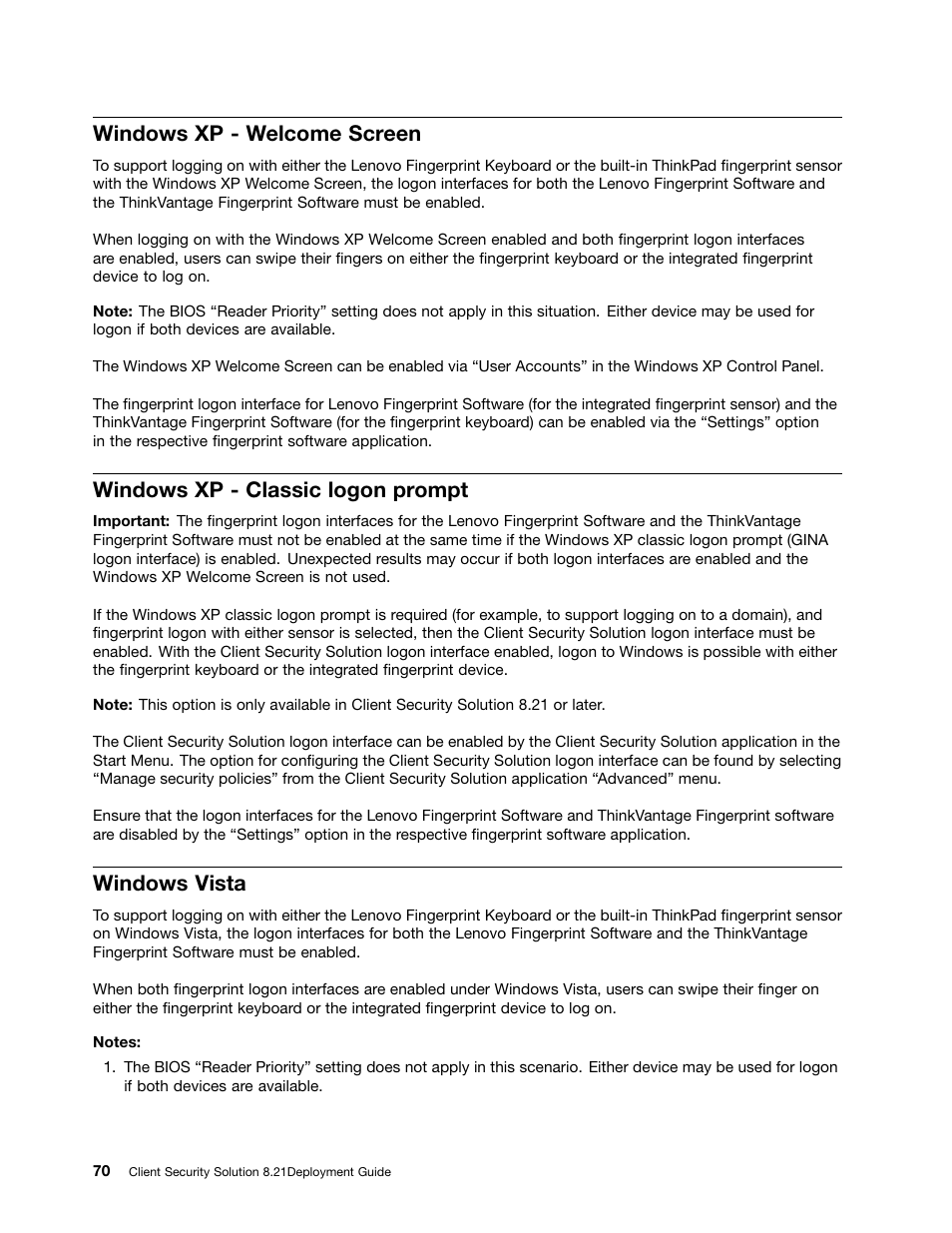 Windows xp - welcome screen, Windows xp - classic logon prompt, Windows vista | Lenovo ThinkVantage (Client Security Solution 8.21) User Manual | Page 76 / 86