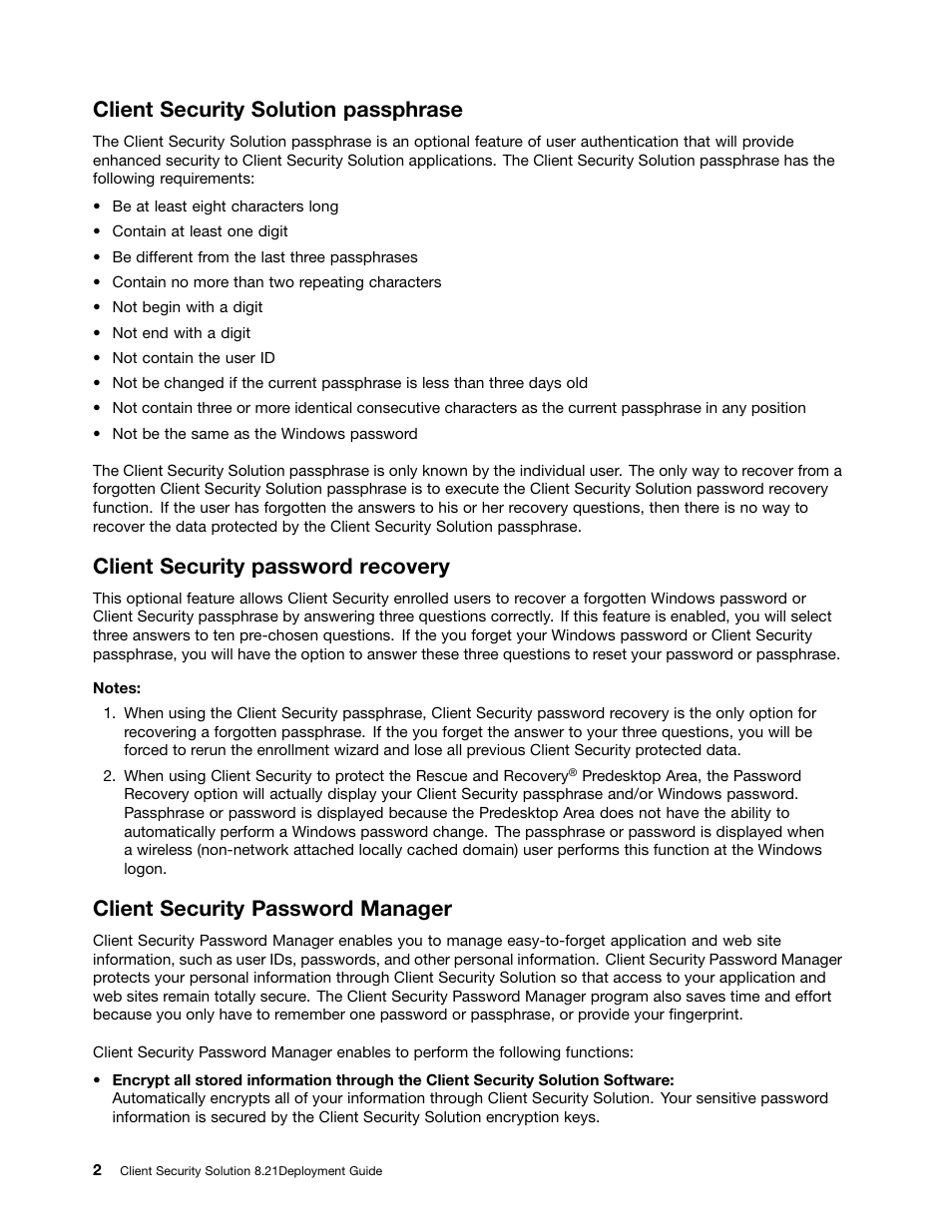 Client security solution passphrase, Client security password recovery, Client security password manager | Lenovo ThinkVantage (Client Security Solution 8.21) User Manual | Page 8 / 86