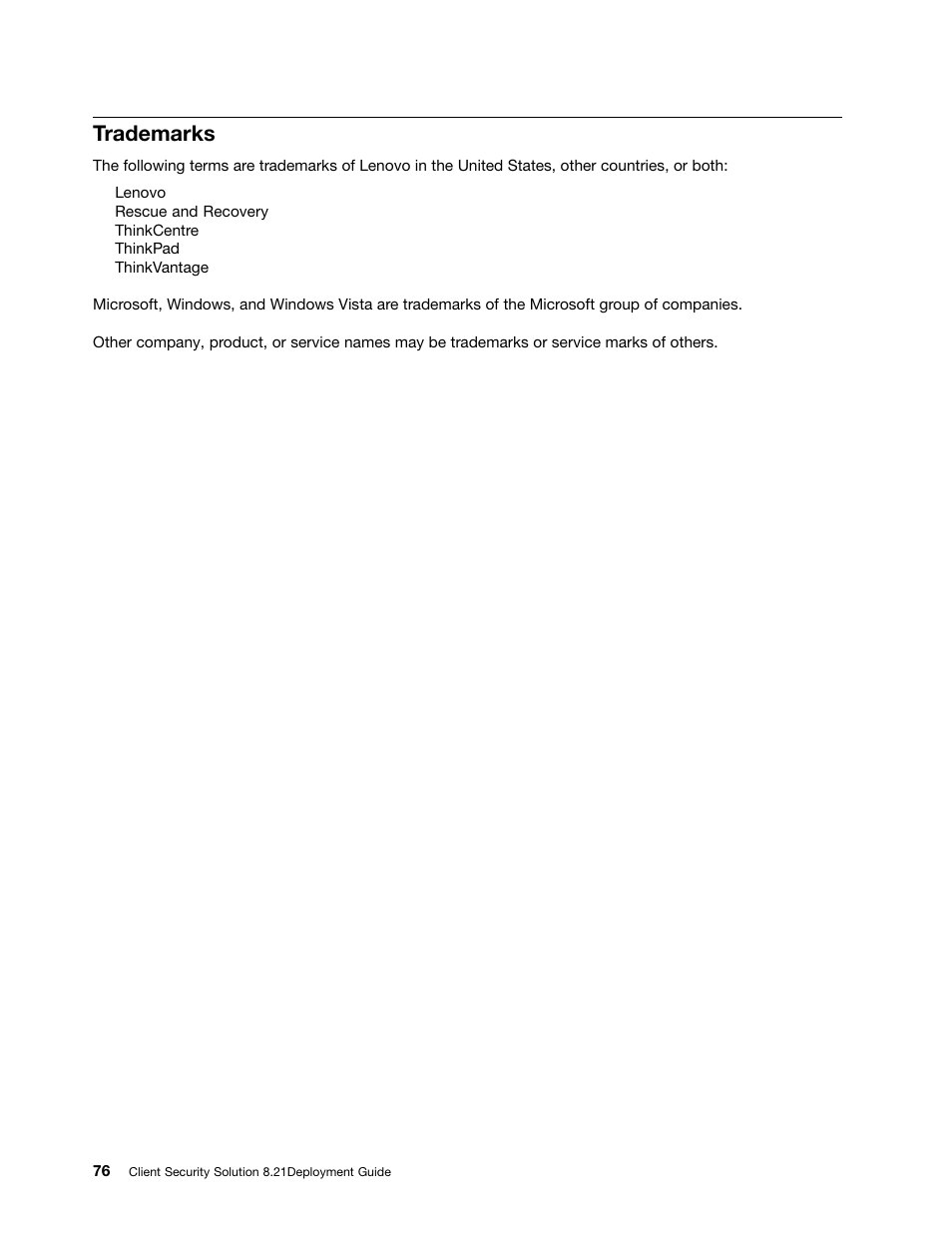 Trademarks | Lenovo ThinkVantage (Client Security Solution 8.21) User Manual | Page 82 / 86